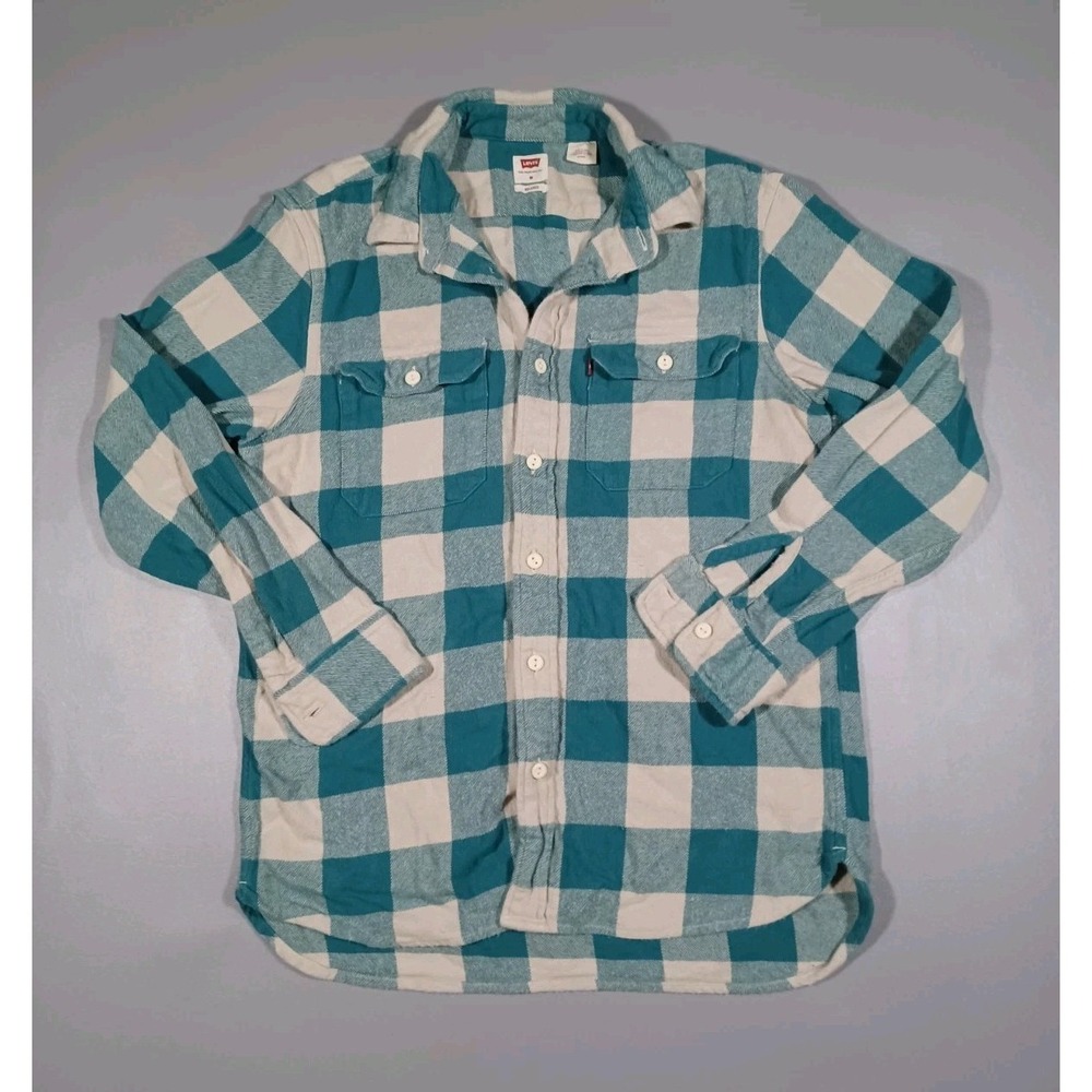 Levis Shirt Mens M Green Tan Plaid Long Sleeve Button Up Workshirt Relaxed Fit